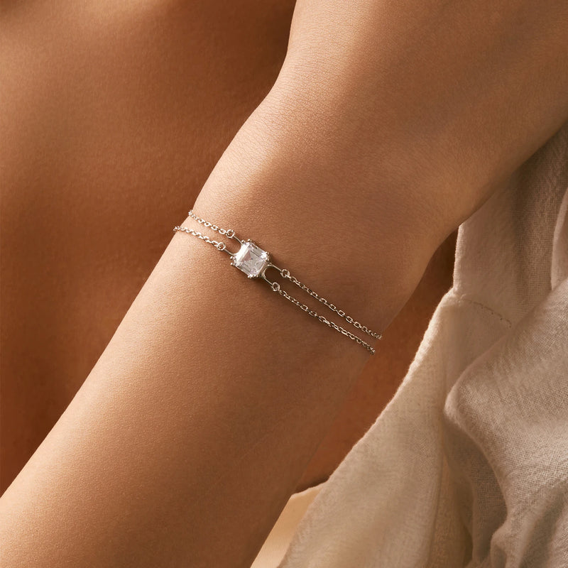 Double Layer Link Chain Bracelet Shiny Square Emerald