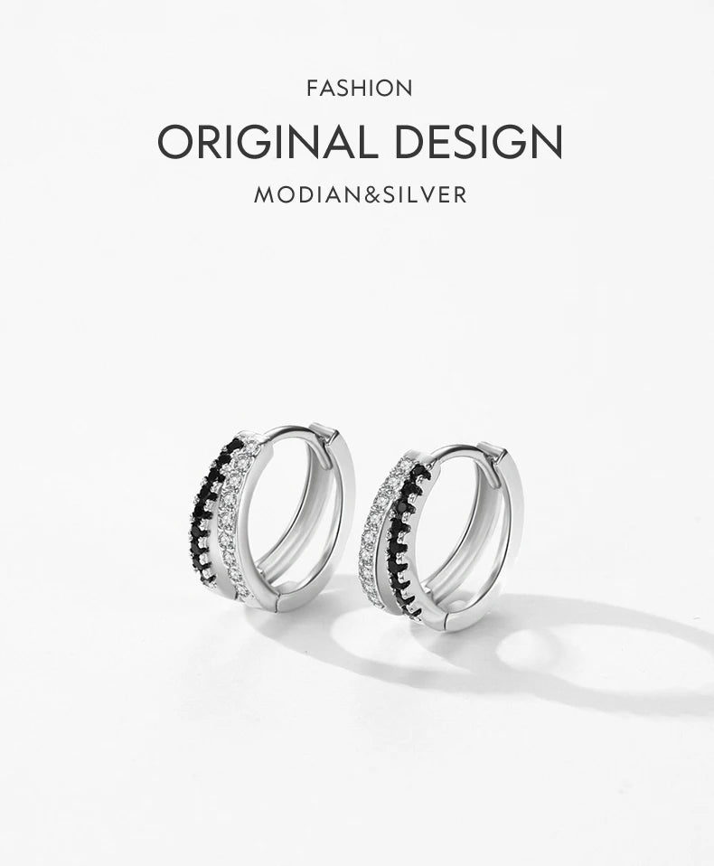 Line Simple Black & White Zirconia Hoop Earrings