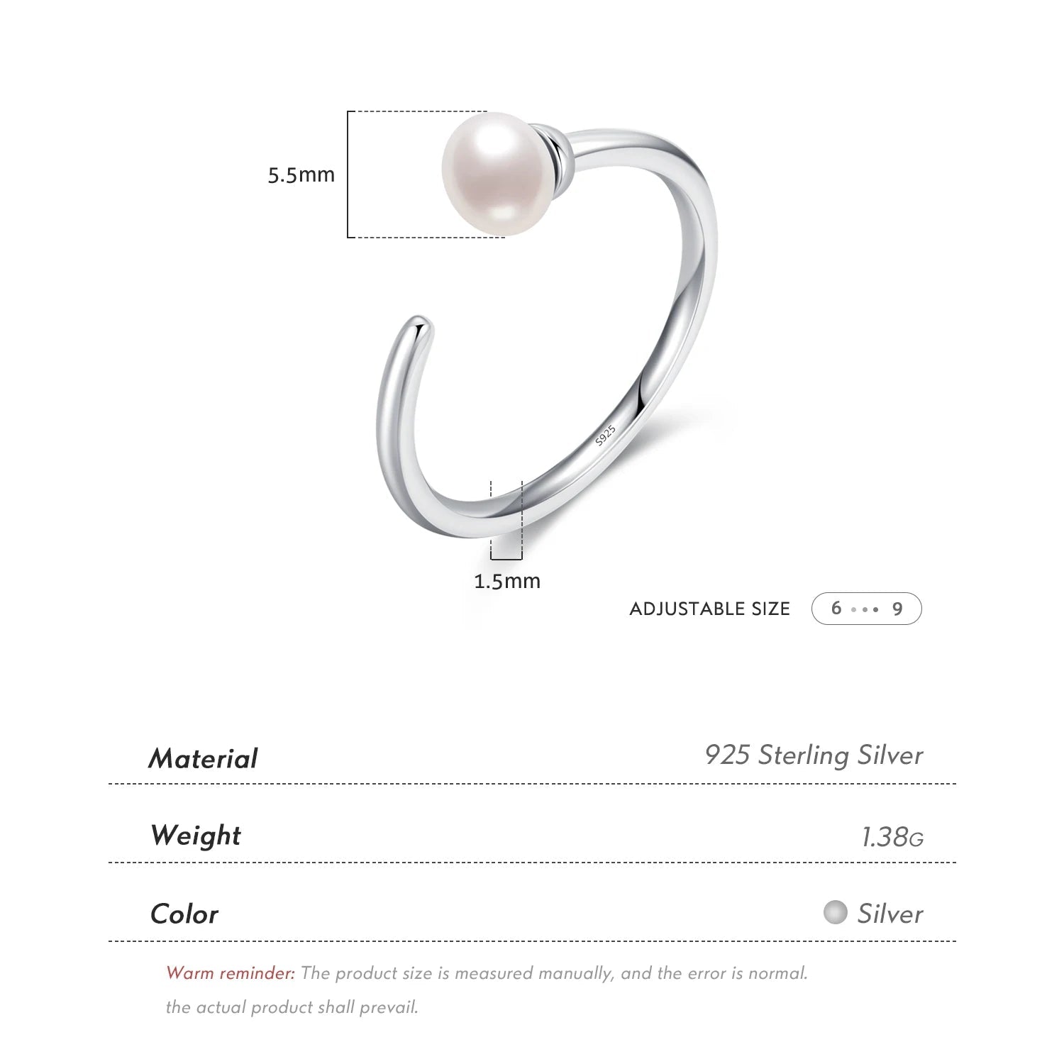 Natural Pearl Adjustable Size 6-9 Ring