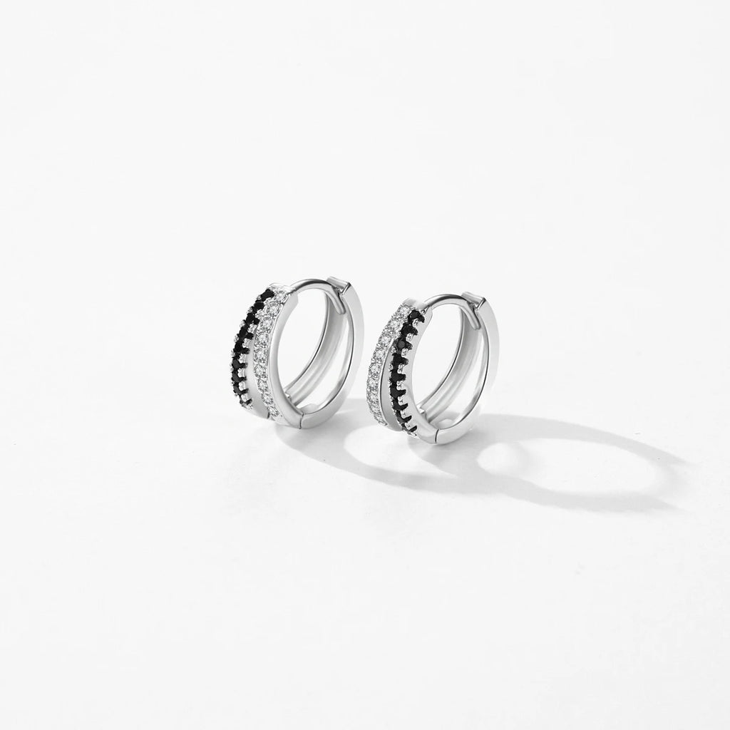 Line Simple Black & White Zirconia Hoop Earrings