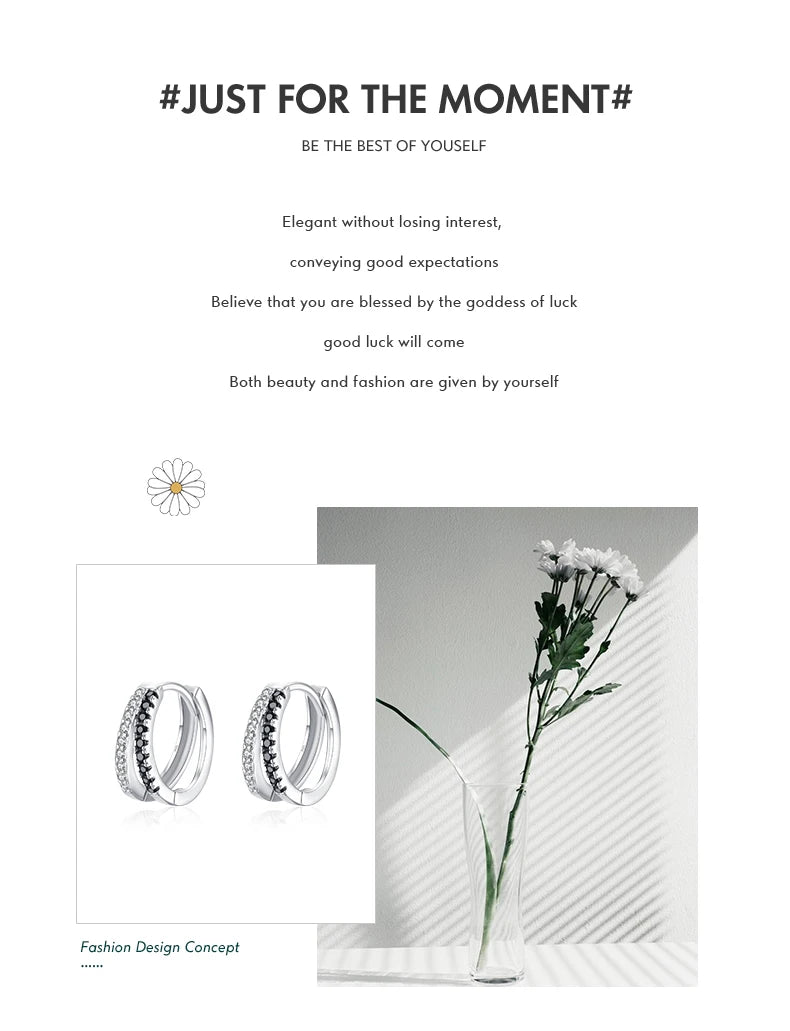 Line Simple Black & White Zirconia Hoop Earrings