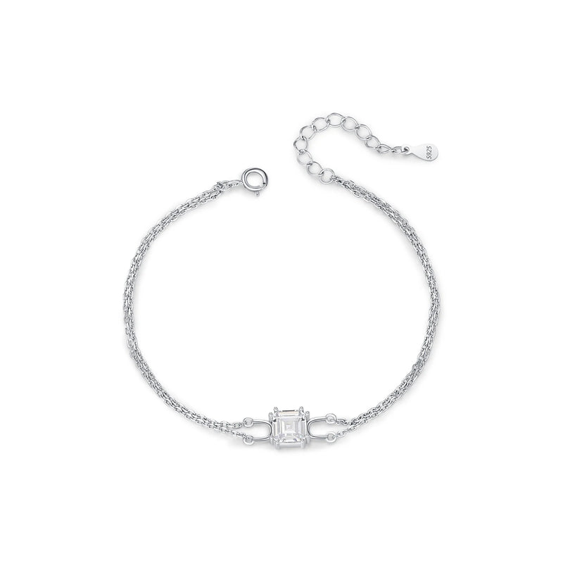 Double Layer Link Chain Bracelet Shiny Square Emerald