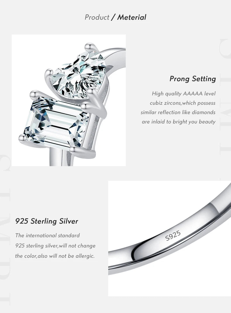 Silver Rectangle & Heart Sparkle Ring