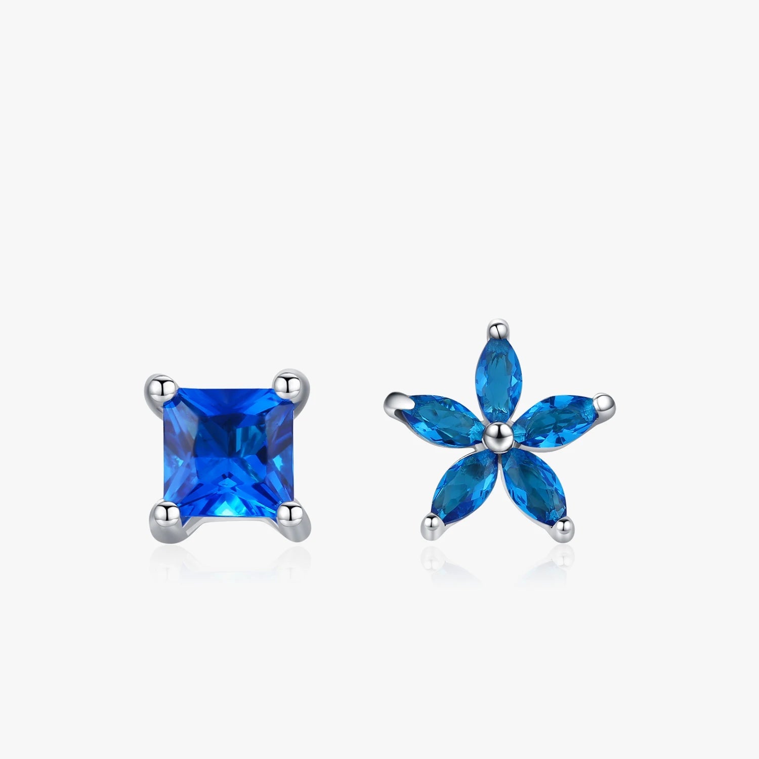 Square & Flowers Blue Zirconia Stud Earrings