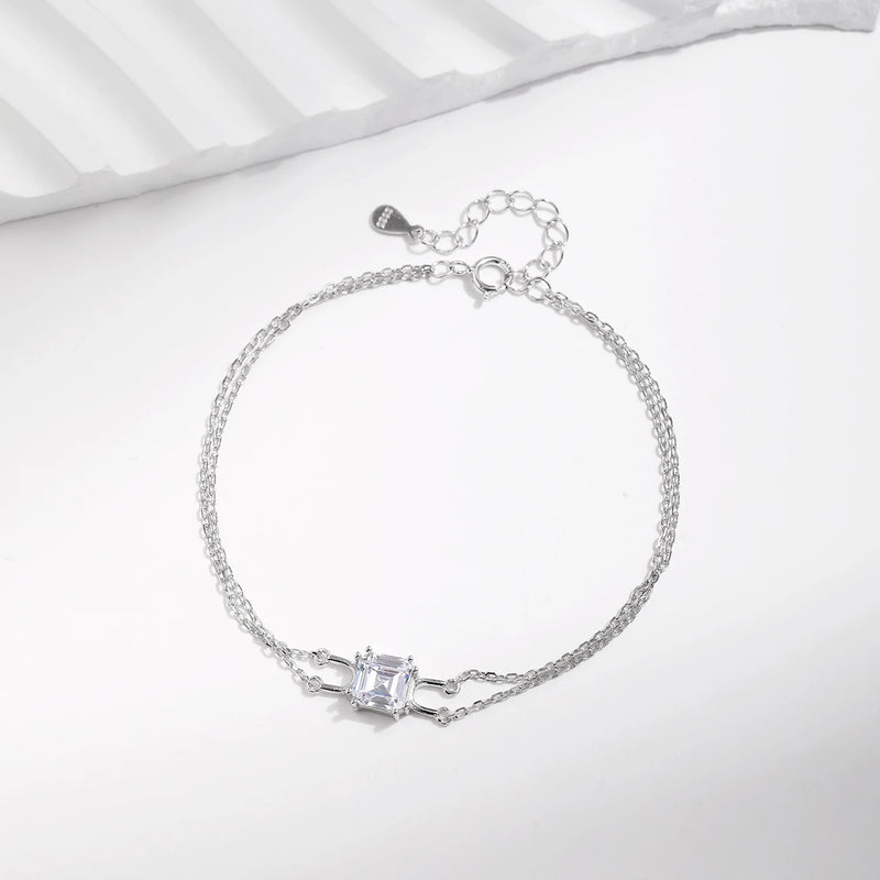 Double Layer Link Chain Bracelet Shiny Square Emerald