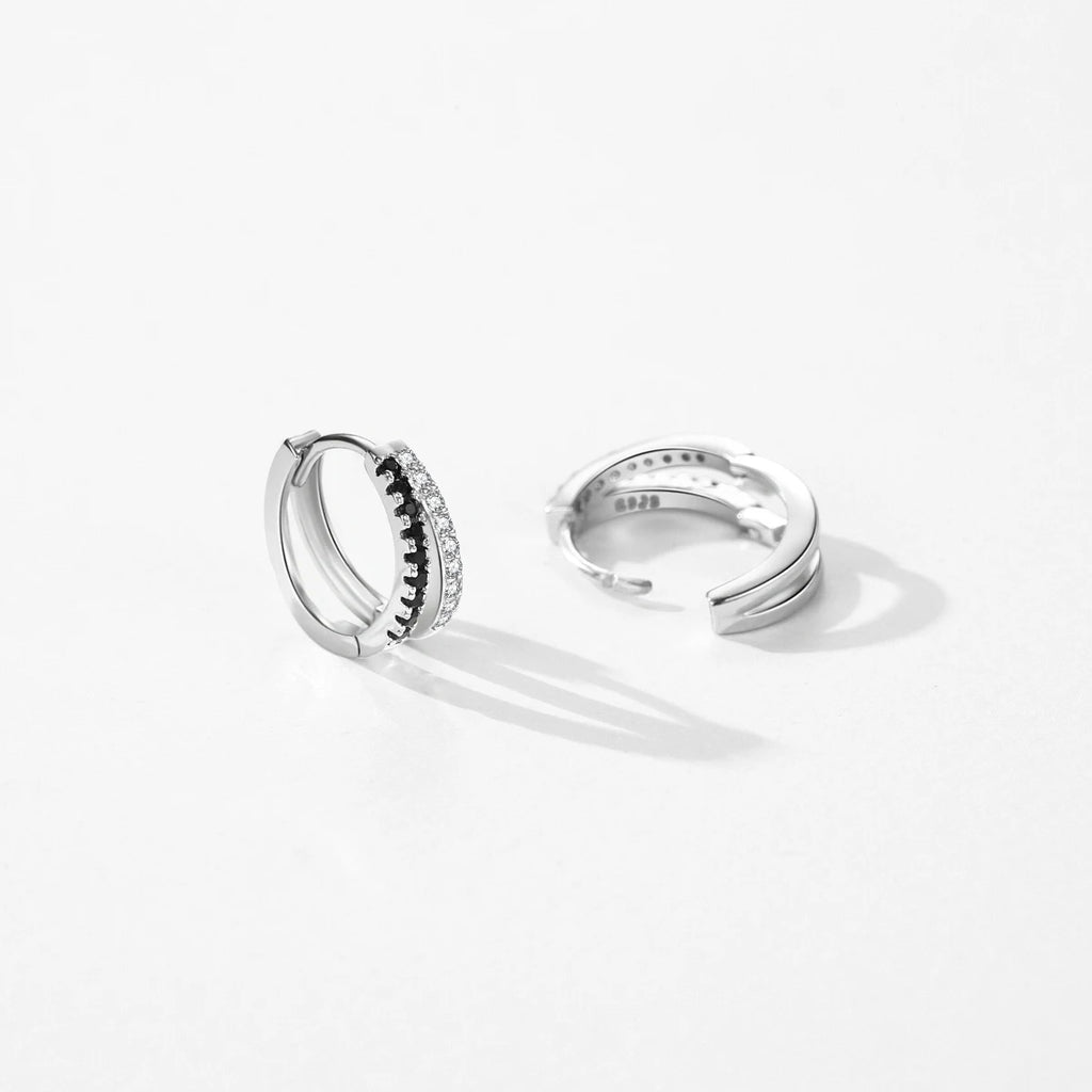 Line Simple Black & White Zirconia Hoop Earrings
