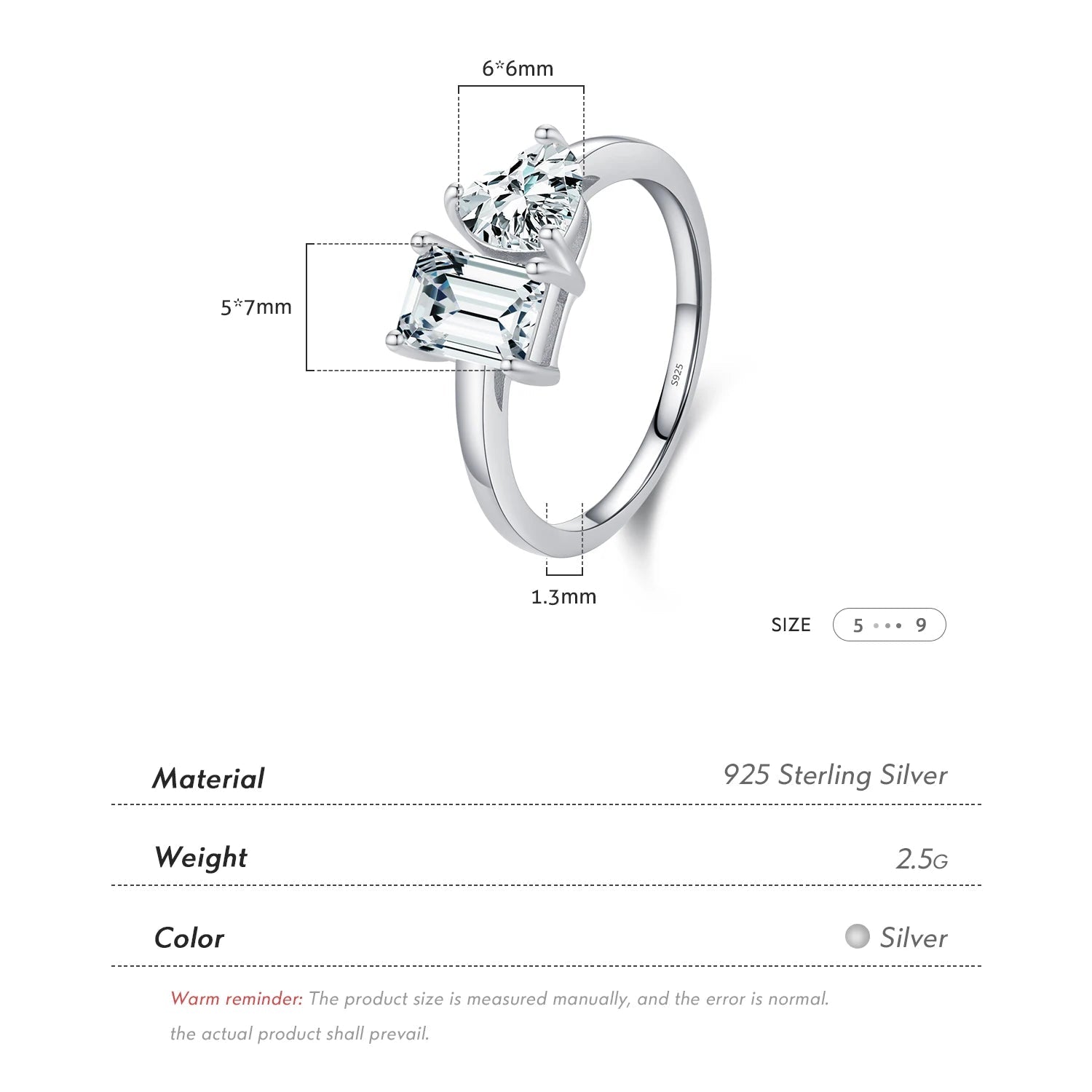 Silver Rectangle & Heart Sparkle Ring