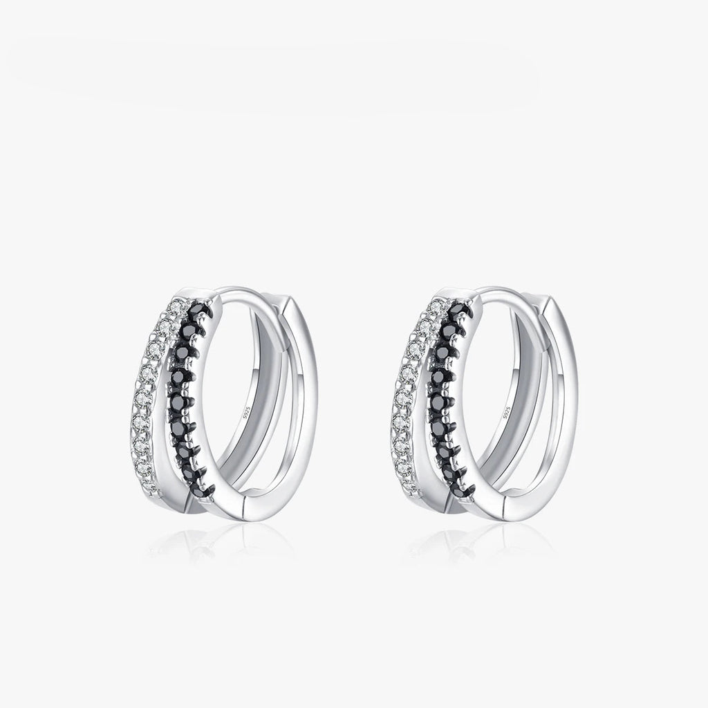 Line Simple Black & White Zirconia Hoop Earrings